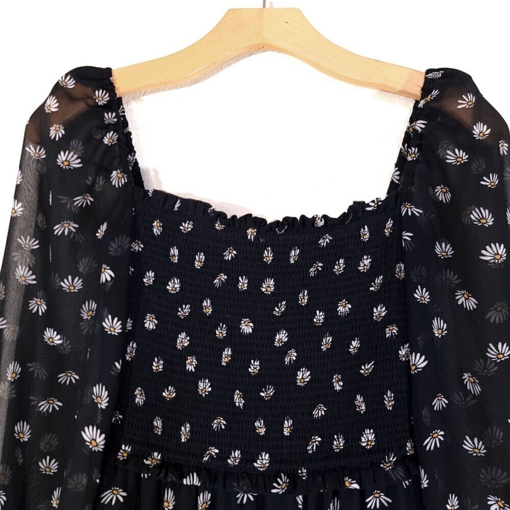 NEW Wilfred Laken Mini Dress Sheer Puff Sleeve Smocked in Black Daisy Floral XXS - Picture 4 of 13
